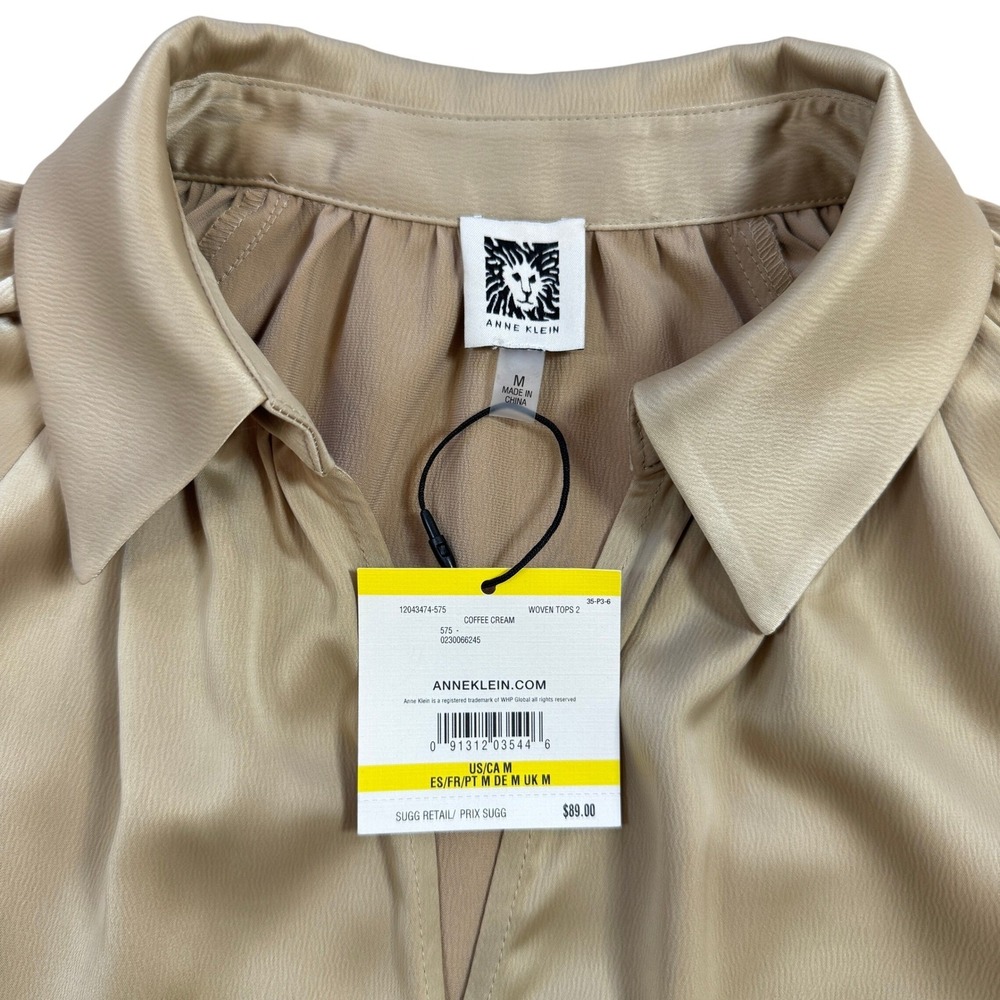 Anne Klein Coffee Cream Tie Front Satin Blouse Long Sleeve V-Neck Top Medium NEW - Picture 2 of 15